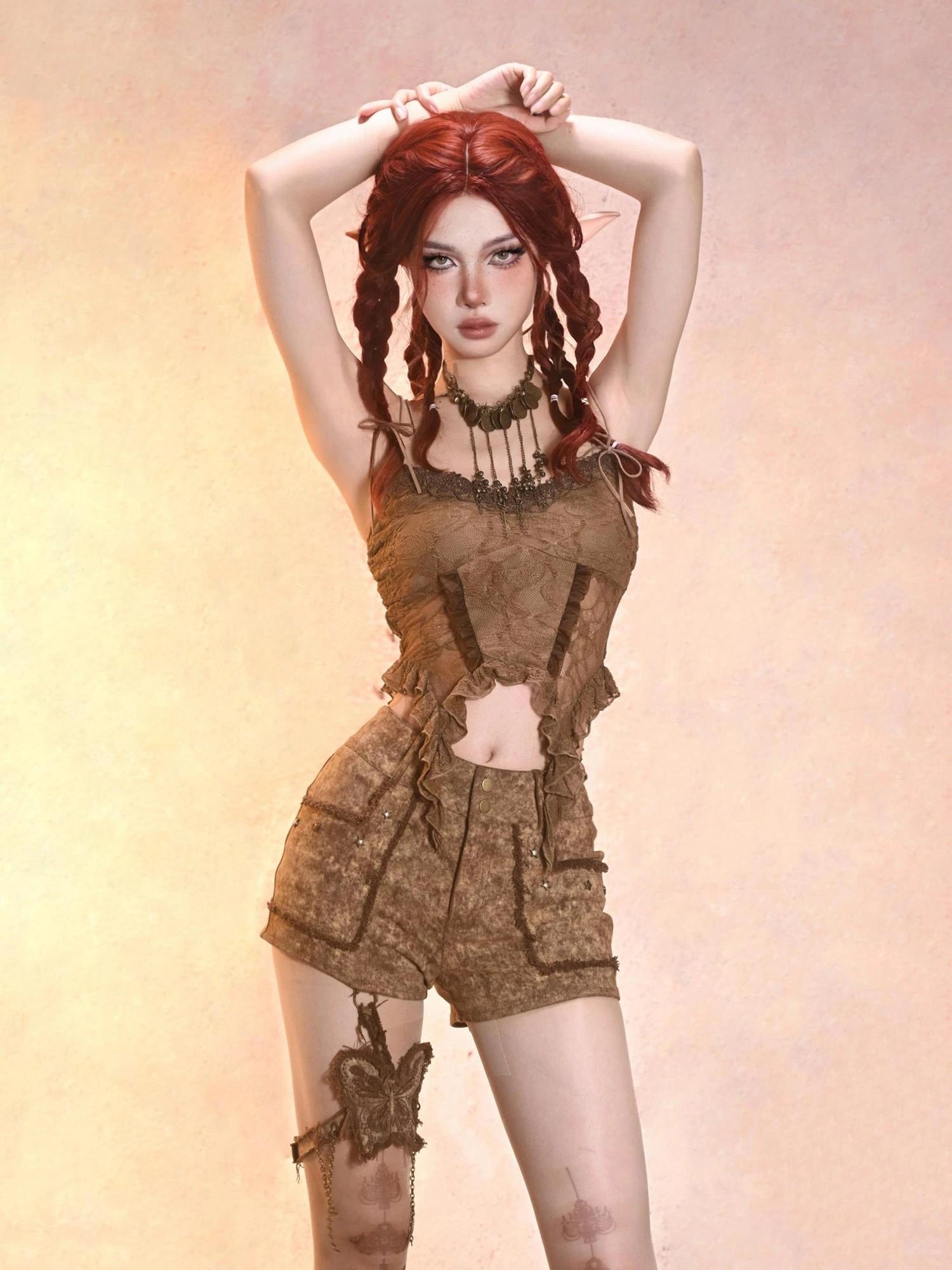 Virtual Orbit Post Apocalyptic Eroded Butterfly Denim Shorts