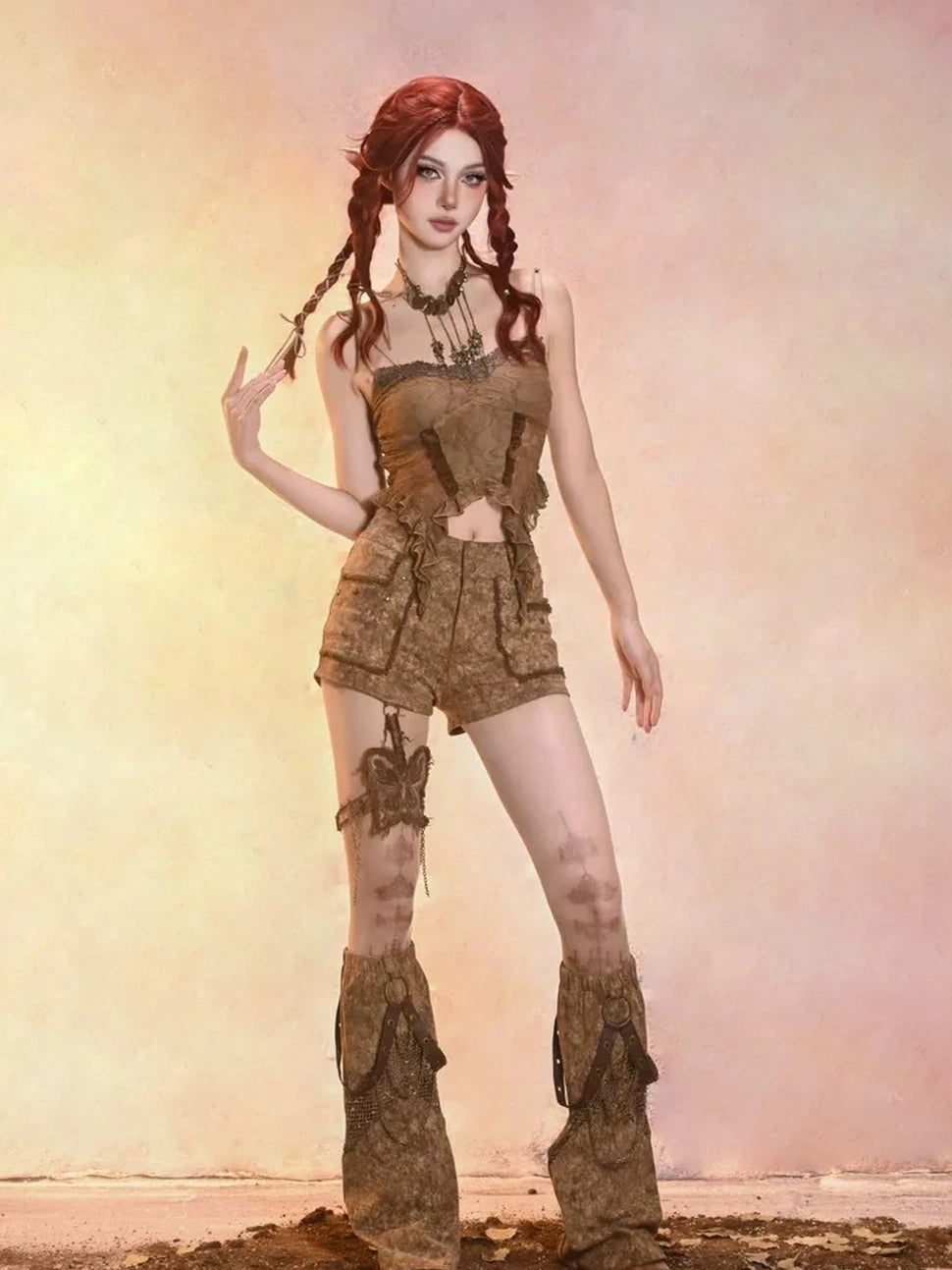 Virtual Orbit Post Apocalyptic Eroded Butterfly Denim Shorts