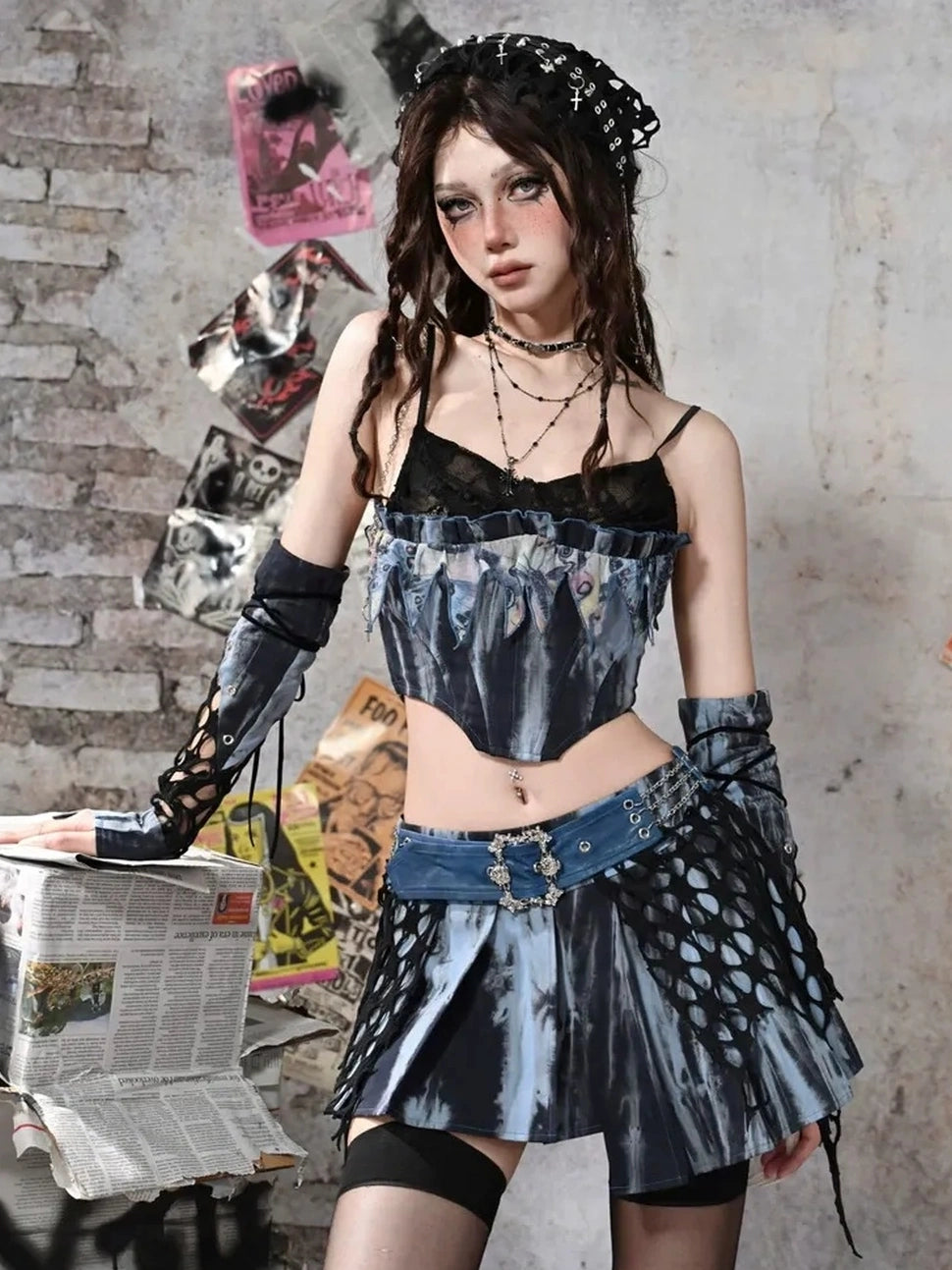 Virtual Orbit Punk Lace Butterfly Y2k Tie Dye Bustier Top