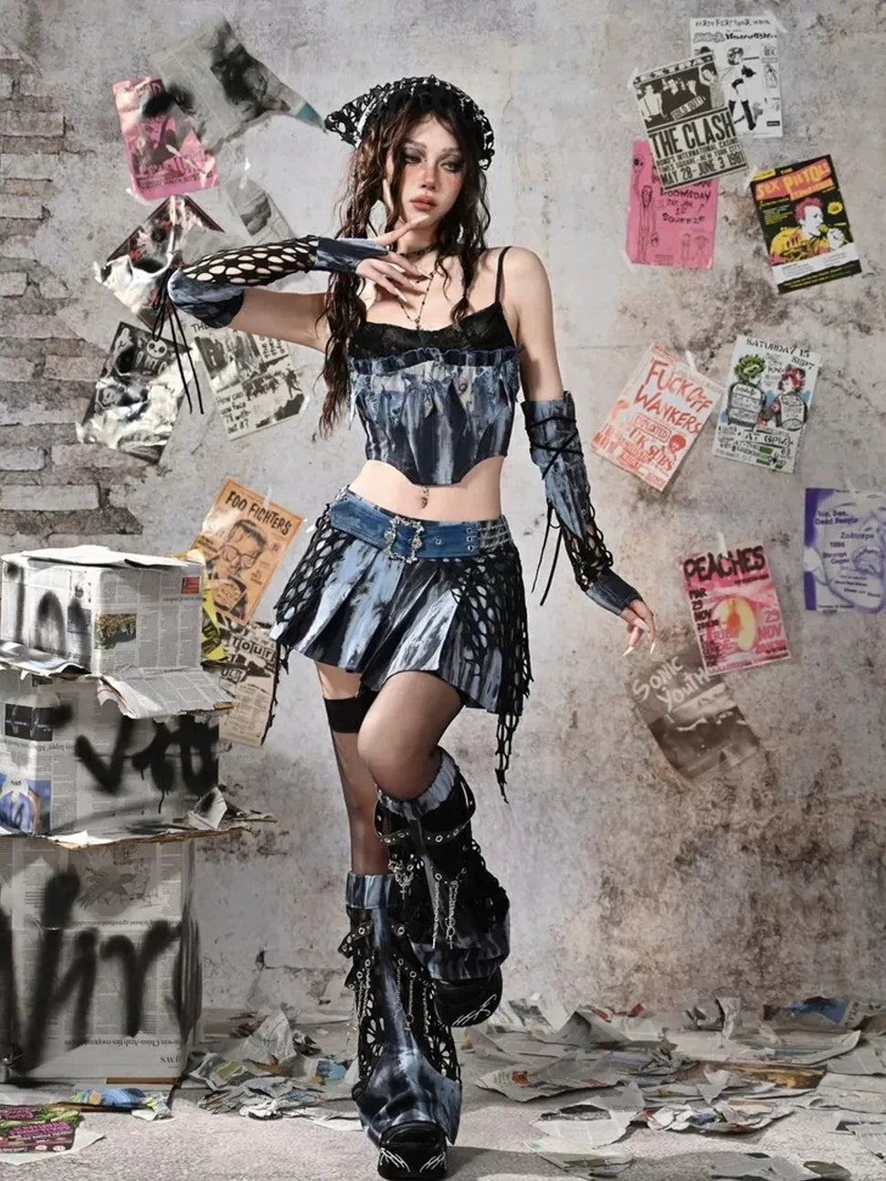Virtual Orbit Punk Lace Butterfly Y2k Tie Dye Bustier Top