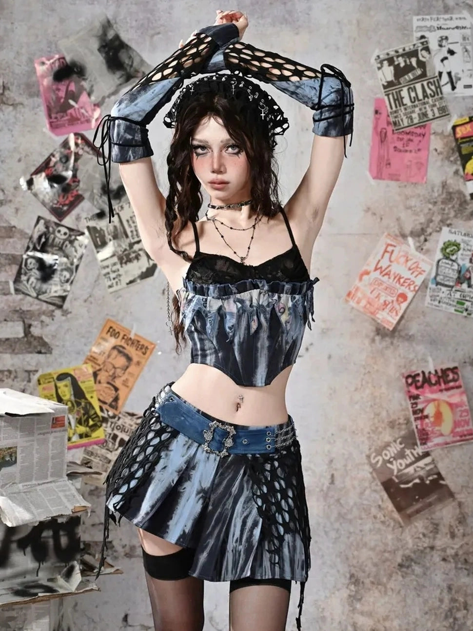 Virtual Orbit Punk Lace Butterfly Y2k Tie Dye Bustier Top