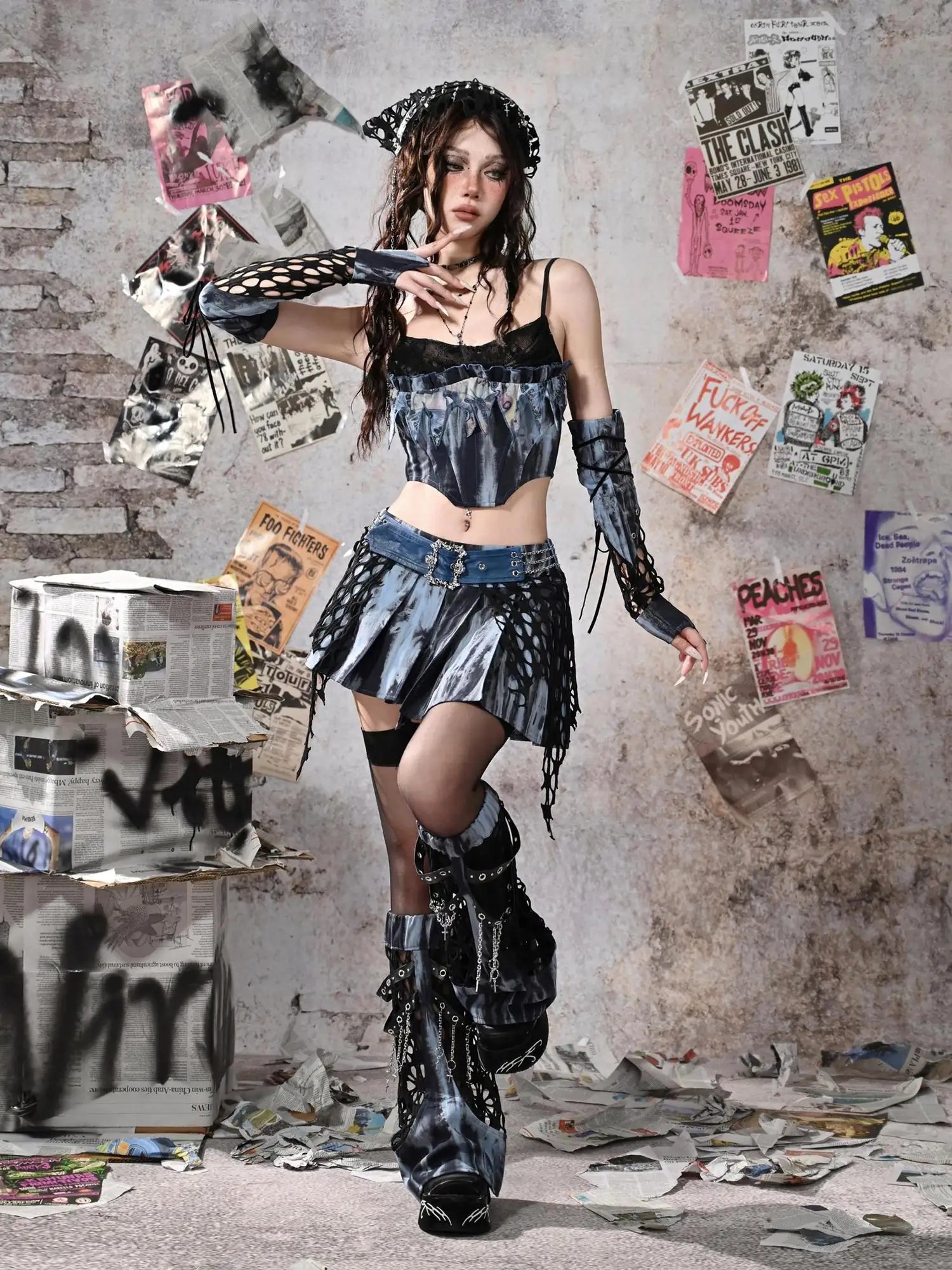 Virtual Orbit Punk Lace Butterfly Y2k Tie Dye Bustier Top