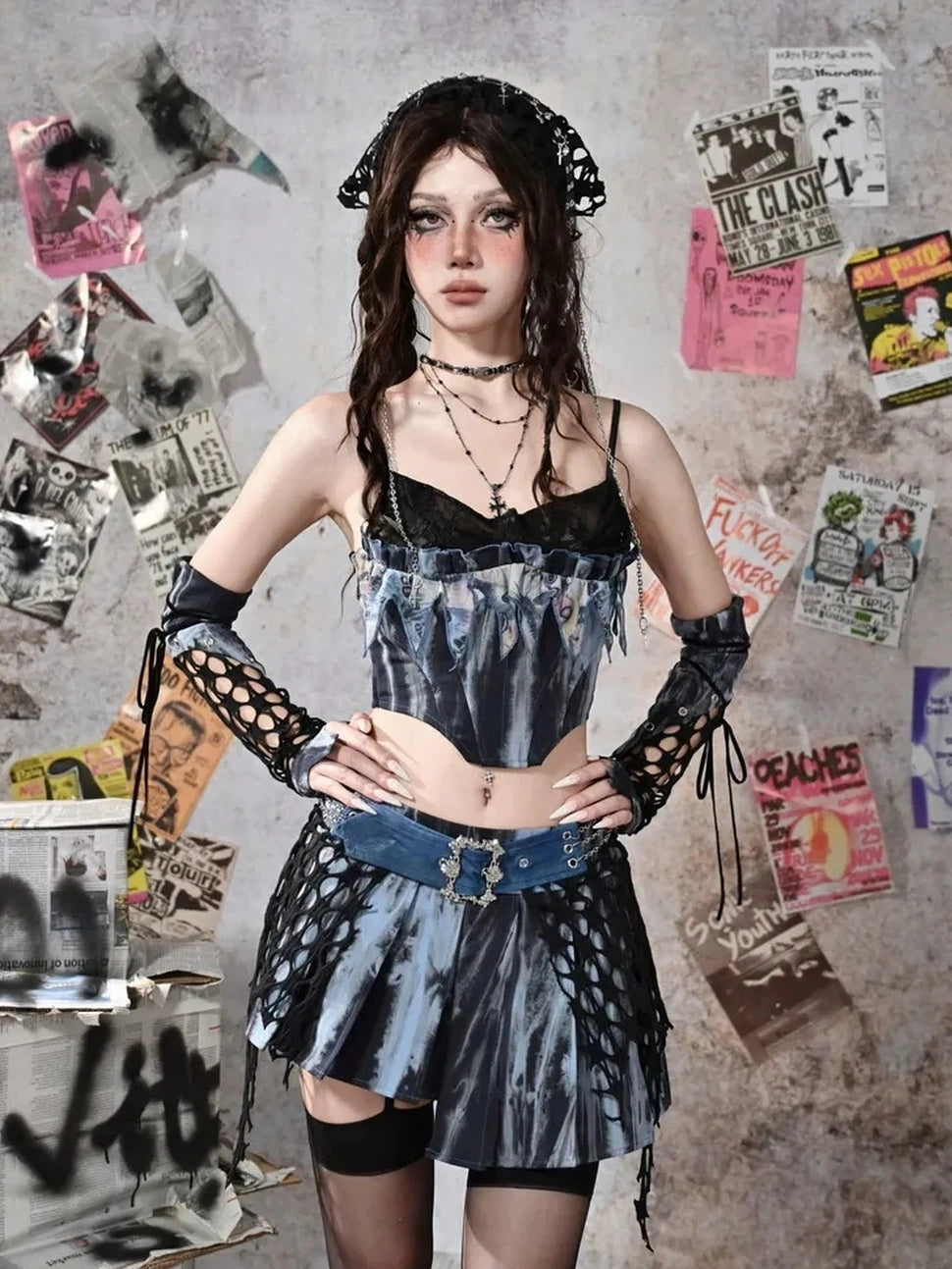 Virtual Orbit Punk Lace Butterfly Y2k Tie Dye Bustier Top