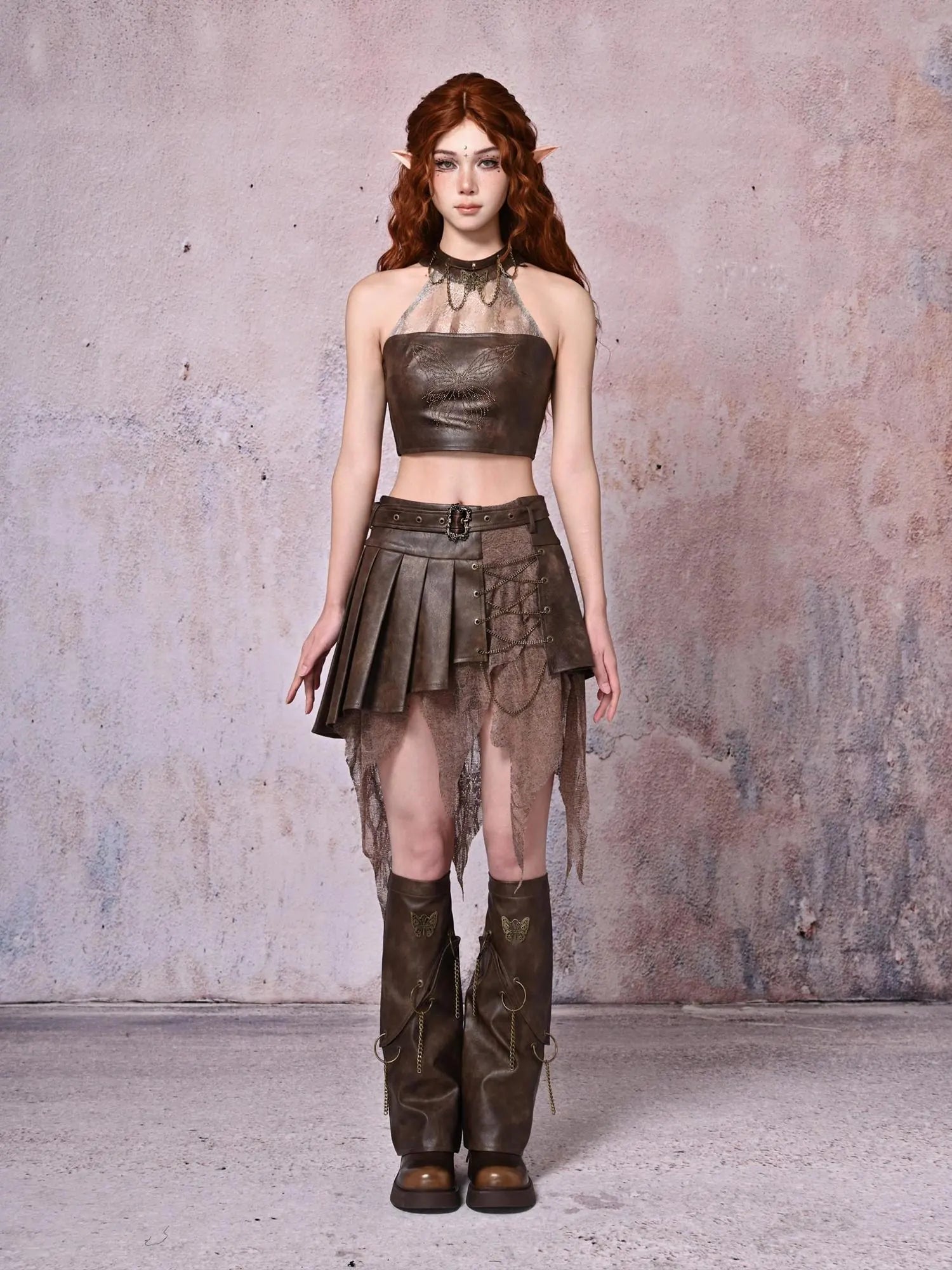 Virtual Orbit Retro Y2K Hollow Out Butterfly Chain Pu Leg Warmers