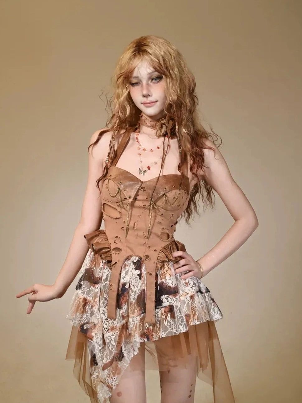 Virtual Orbit Ruined Romance Asymmetric Burnout Lace Dress