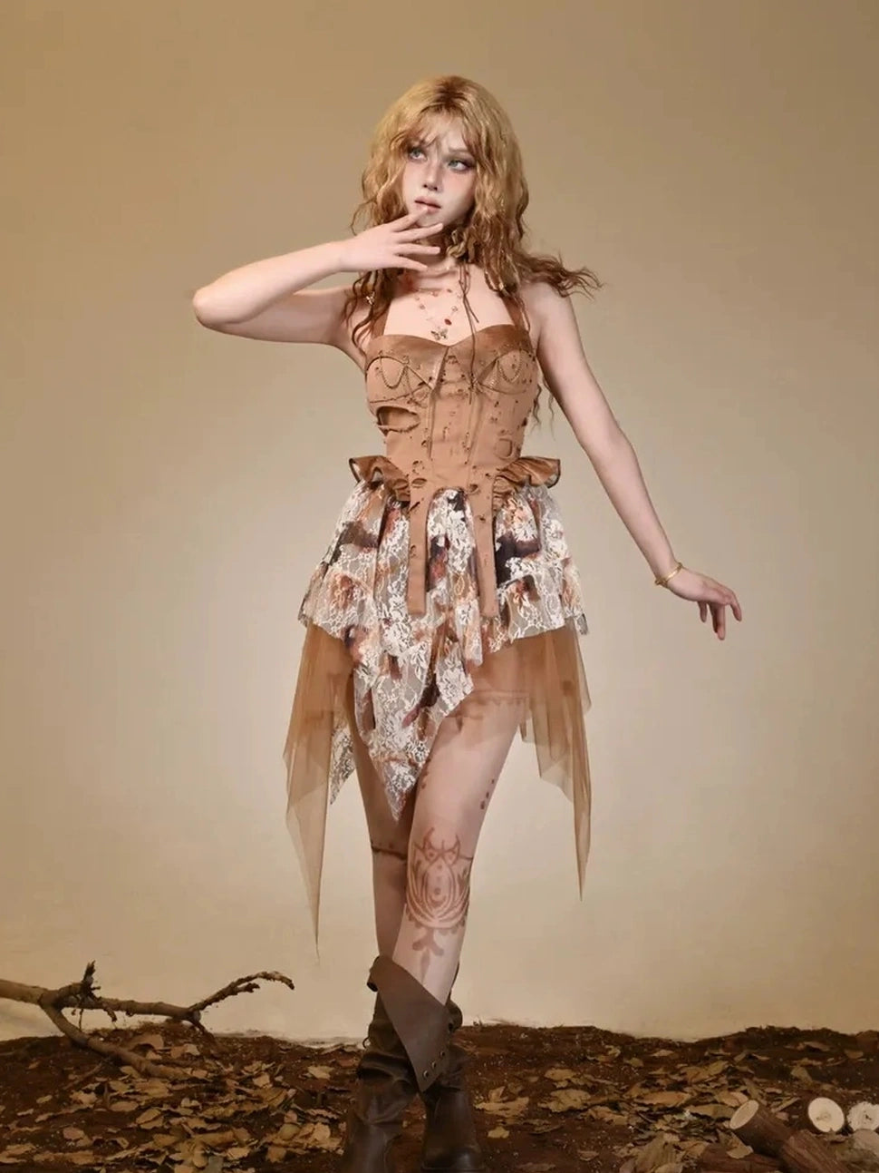 Virtual Orbit Ruined Romance Asymmetric Burnout Lace Dress