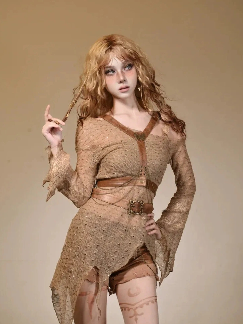 Virtual Orbit Ruined Romance Asymmetric Knit Top V-neck T-shirt Long Sleeve