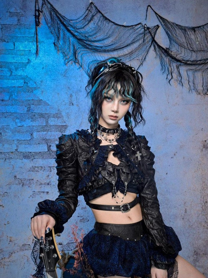 Virtual Orbit Sparkle Pleated Punk Button Long Sleeve High Waist Women&