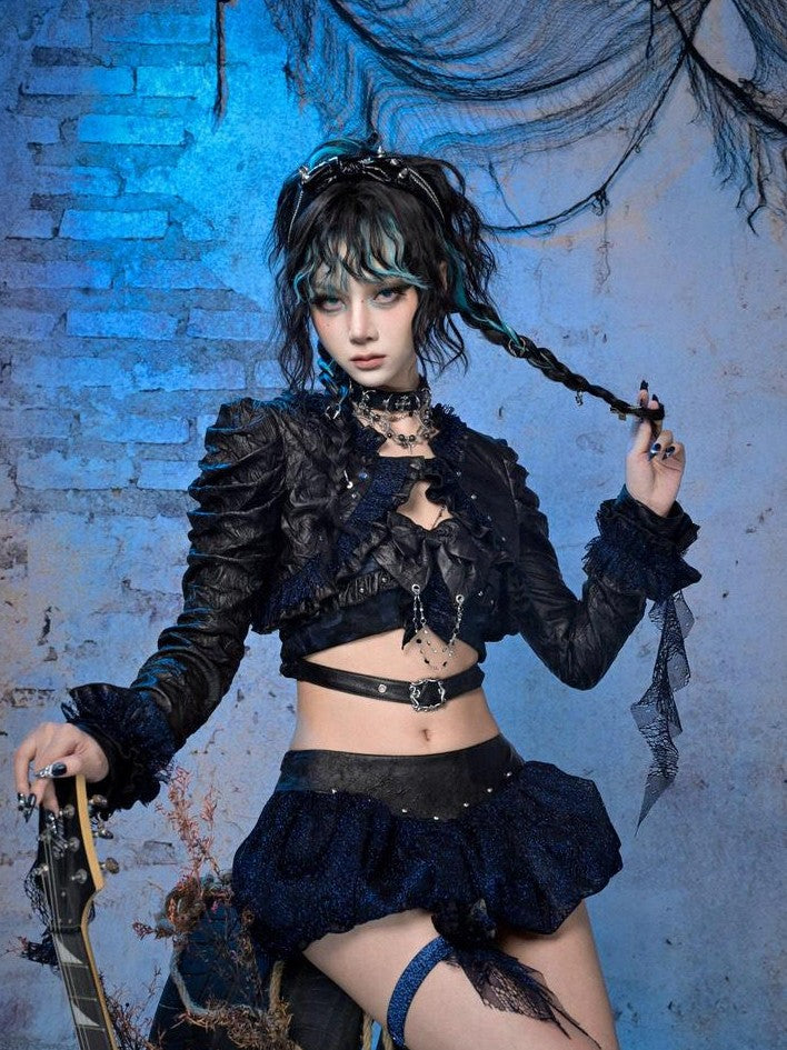 Virtual Orbit Sparkle Pleated Punk Button Long Sleeve High Waist Women&