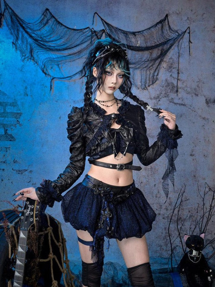 Virtual Orbit Sparkle Pleated Punk Button Long Sleeve High Waist Women&