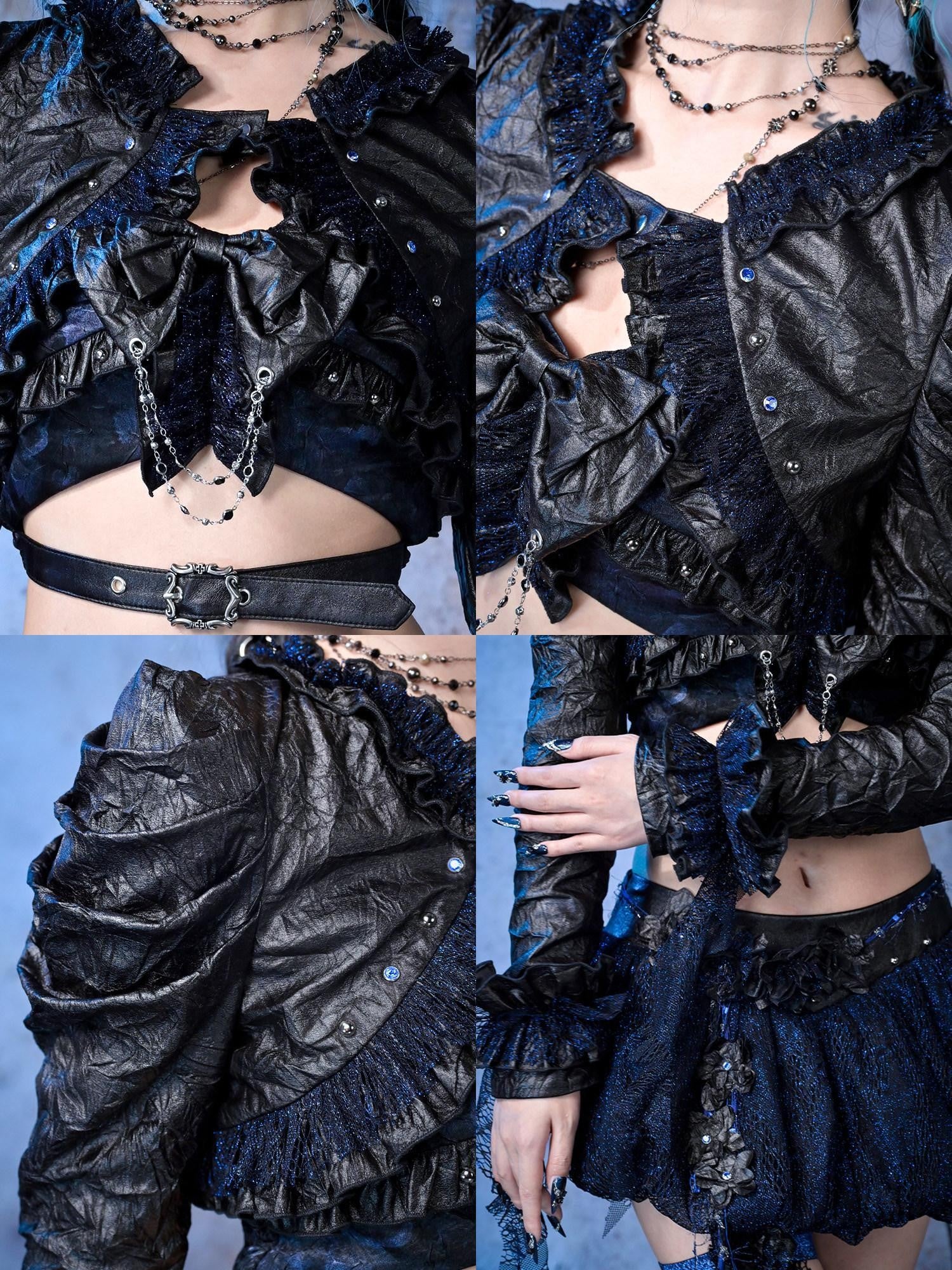 Virtual Orbit Sparkle Pleated Punk Button Long Sleeve High Waist Women&