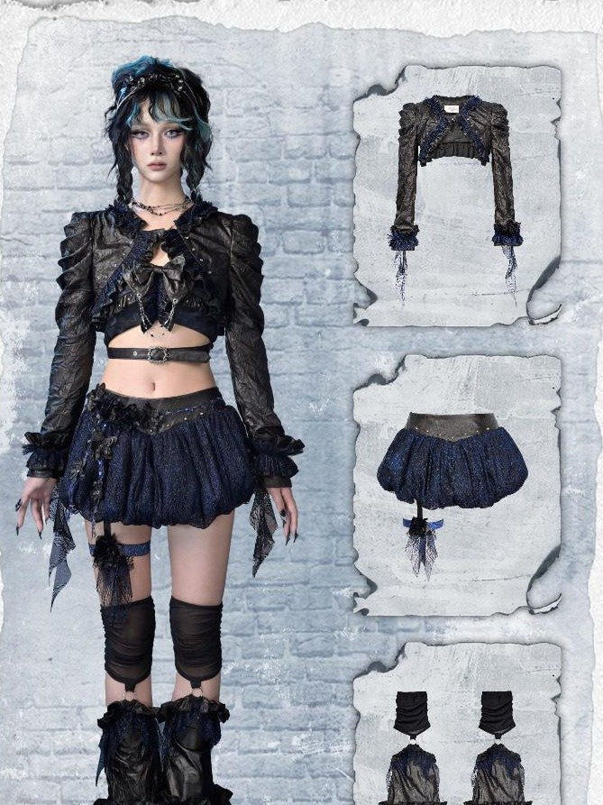 Virtual Orbit Sparkle Pleated Punk Button Long Sleeve High Waist Women&