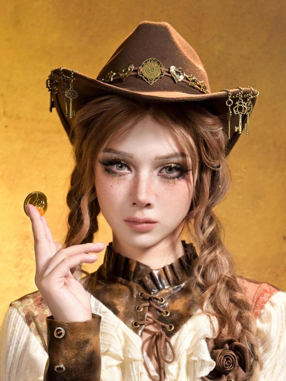 Virtual Orbit Steampunk Distressed Key Chain Stripe Wide Brim Women&