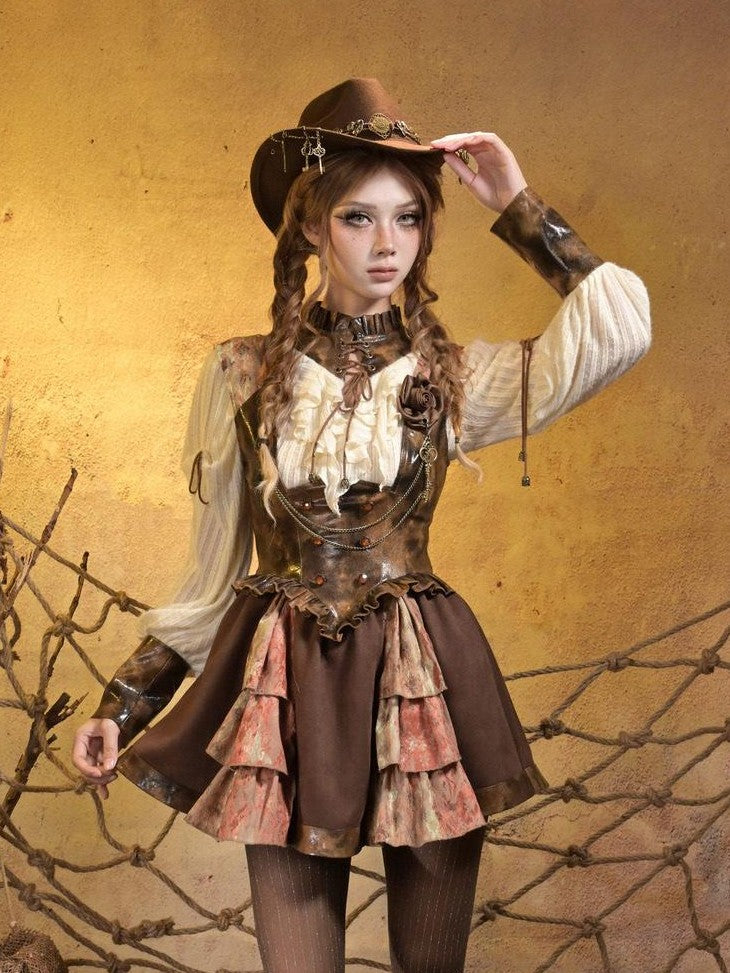 Virtual Orbit Steampunk Lace Leather Patchwork Cutout Women&