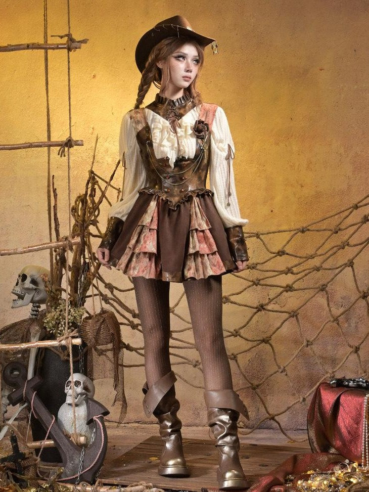 Virtual Orbit Steampunk Lace Leather Patchwork Cutout Women&