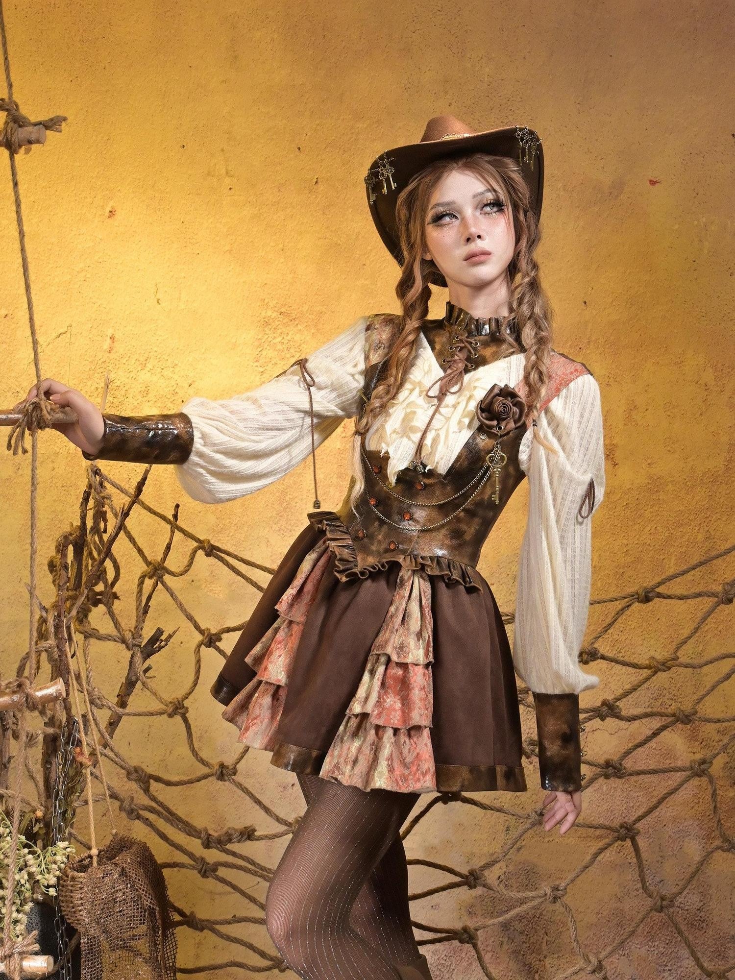 Virtual Orbit Steampunk Lace Leather Patchwork Cutout Women&