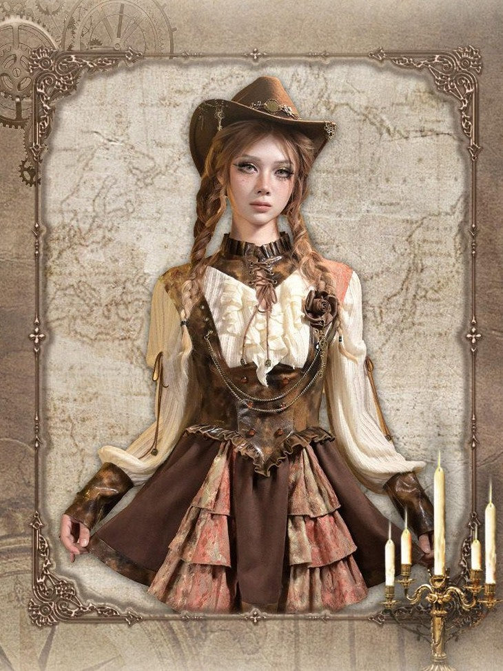 Virtual Orbit Steampunk Lace Leather Patchwork Cutout Women&
