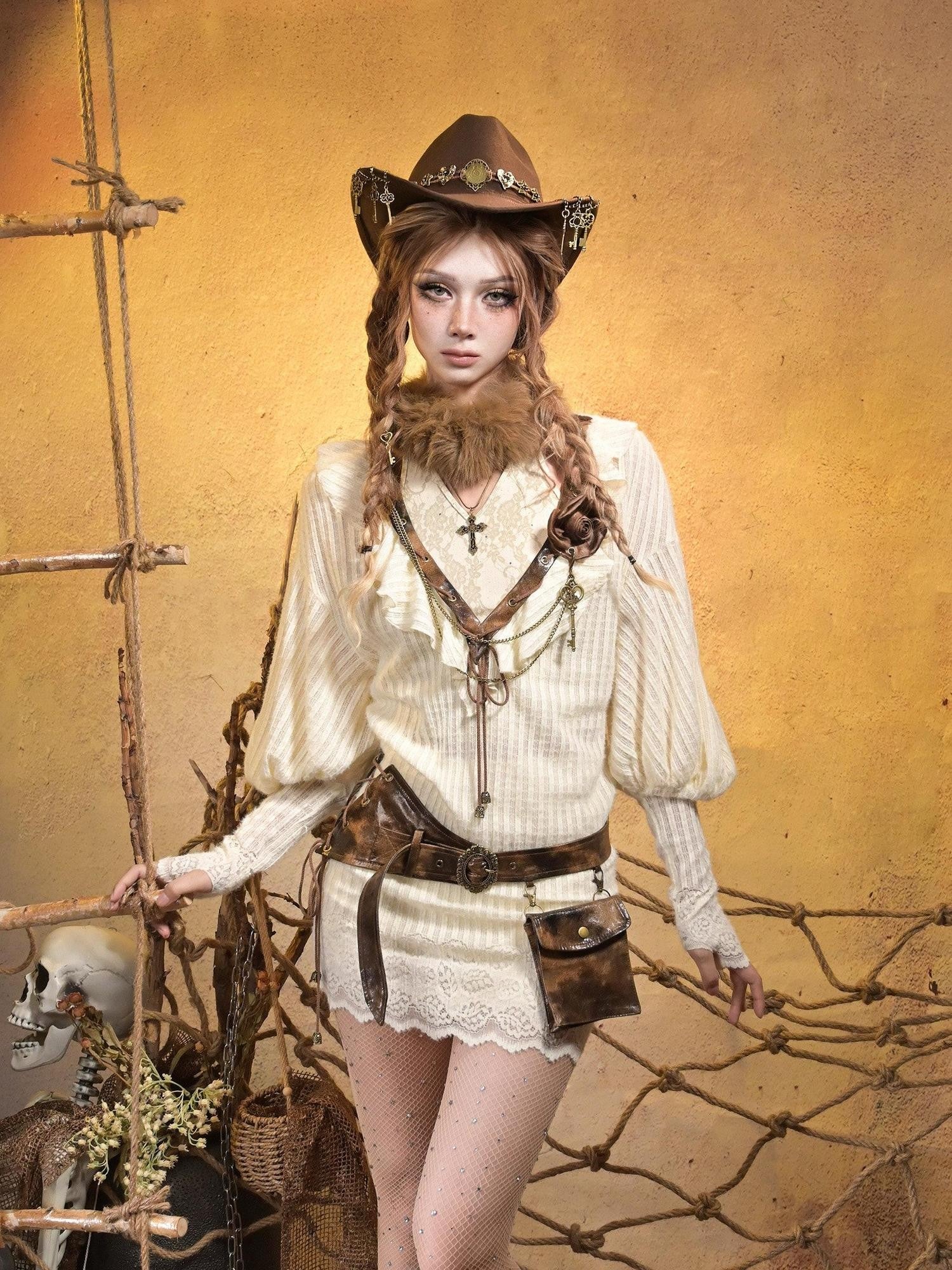 Virtual Orbit Striped Puff Sleeve Deep V Two Way Women&