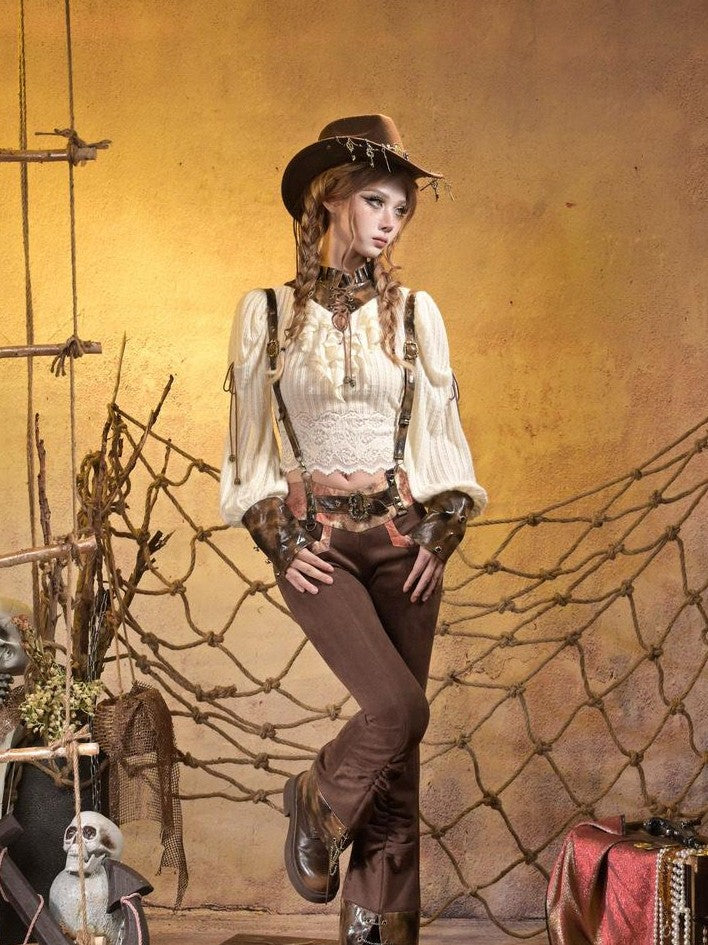 Virtual Orbit Striped Steampunk Leather Patchwork Lace Up Women&