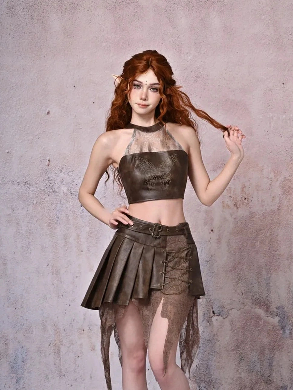 Virtual Orbit Urban Wander Asymmetrical Layered Leather Skirt