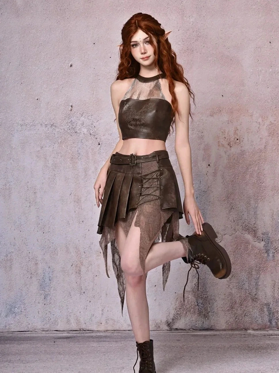 Virtual Orbit Urban Wander Asymmetrical Layered Leather Skirt