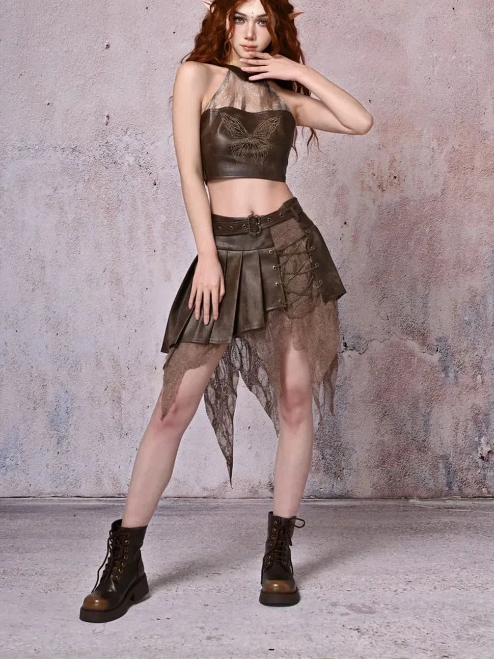 Virtual Orbit Vintage Boho Butterfly Lace Up Halter Top