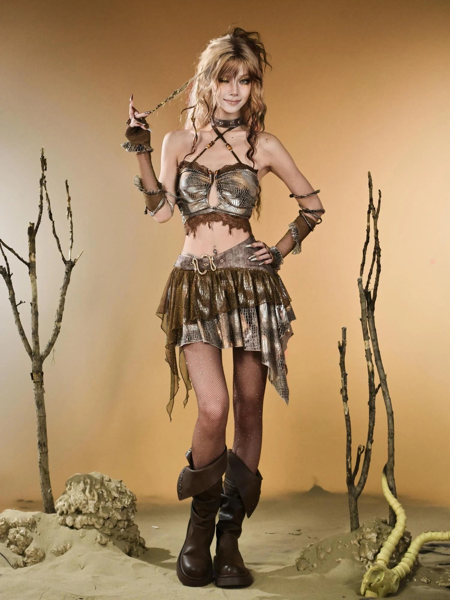 Virtual Orbit Vintage Snake Print Asymmetrical Low Waist Skirt