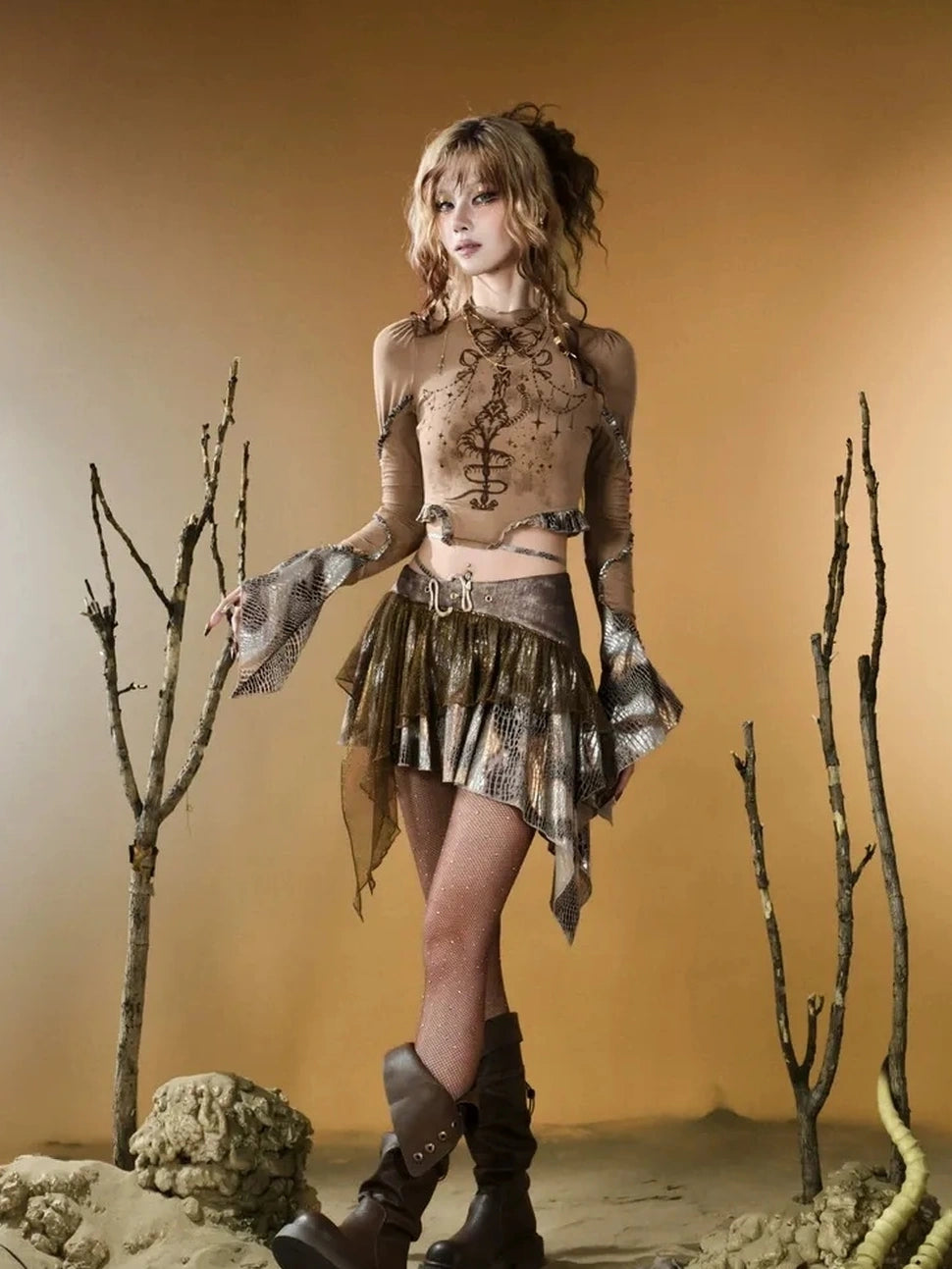 Virtual Orbit Vintage Snake Print Asymmetrical Low Waist Skirt