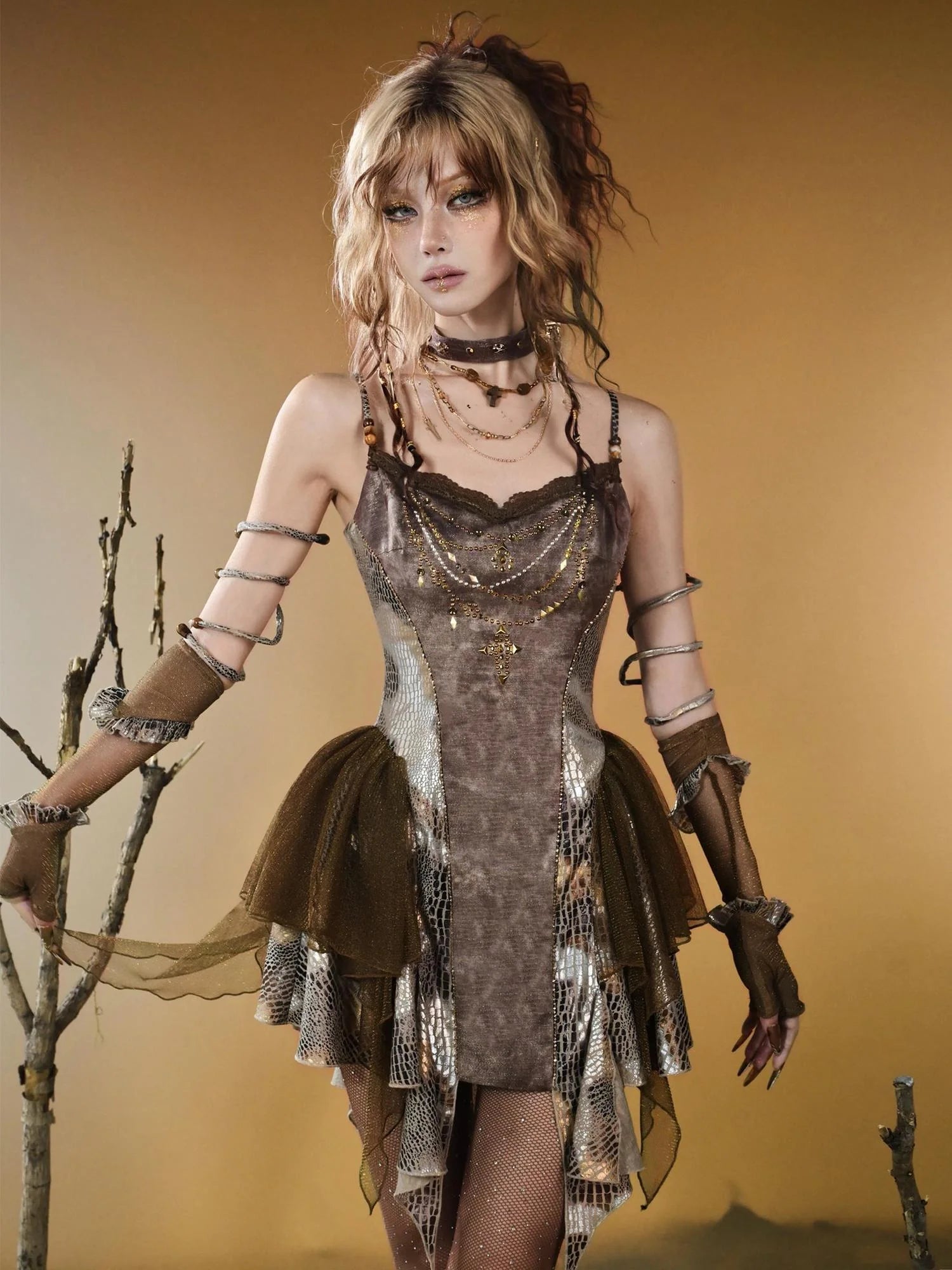 Virtual Orbit Vintage Snake Print Ruched Bustier Dress