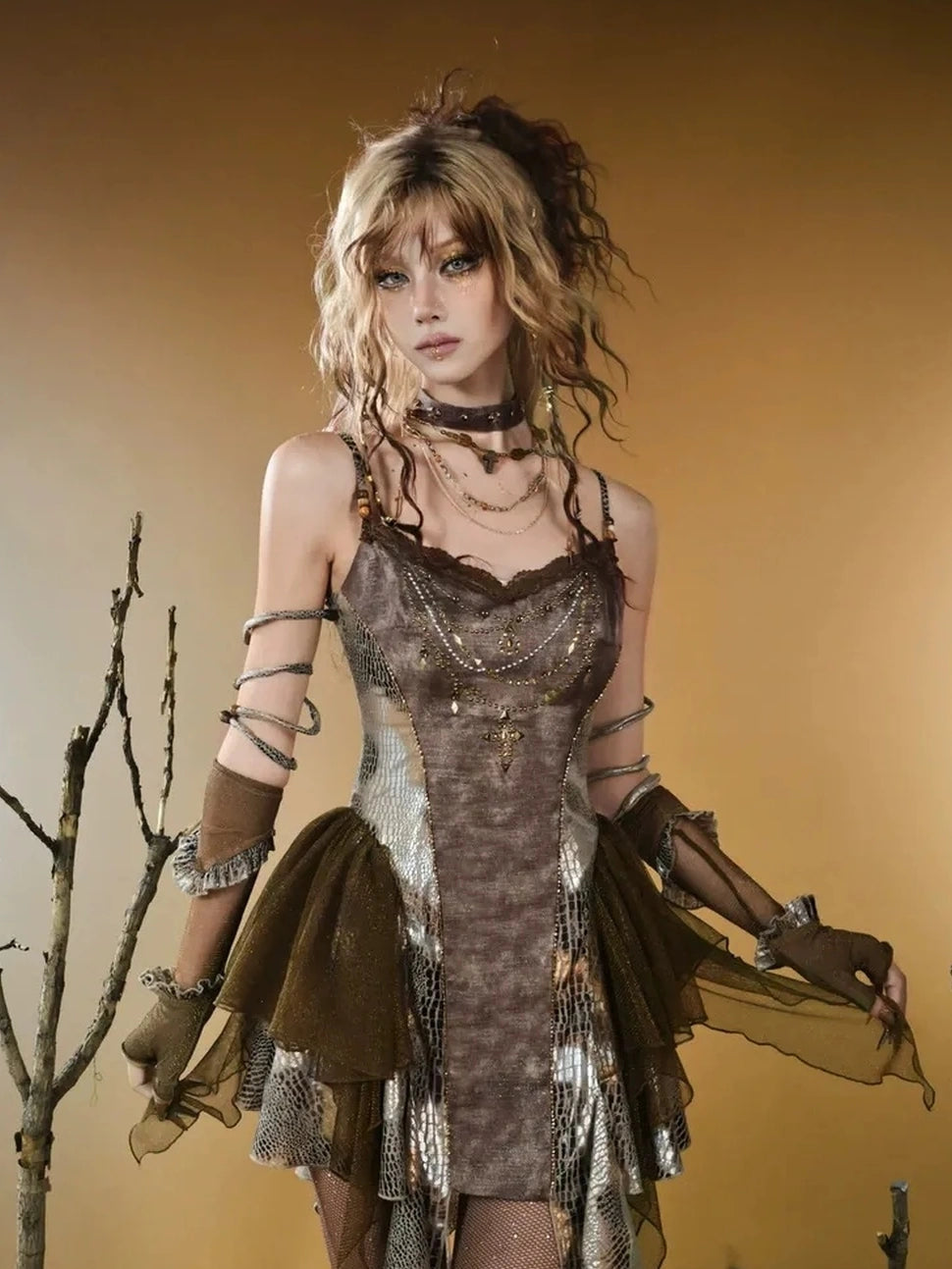 Virtual Orbit Vintage Snake Print Ruched Bustier Dress