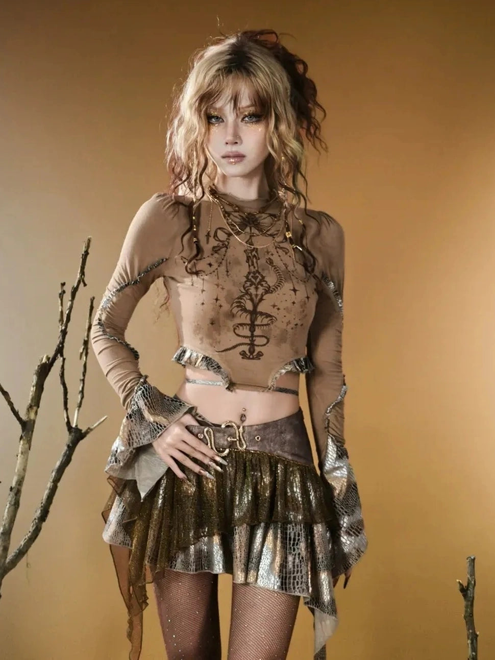 Virtual Orbit Vintage Snake Print Ruffle Trim Stretch Knit Top