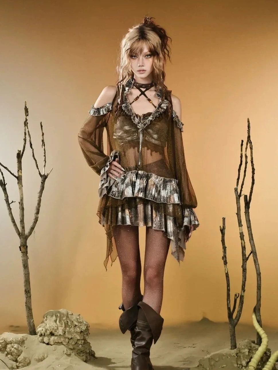 Virtual Orbit Vintage Snake Print Sheer Mesh Top