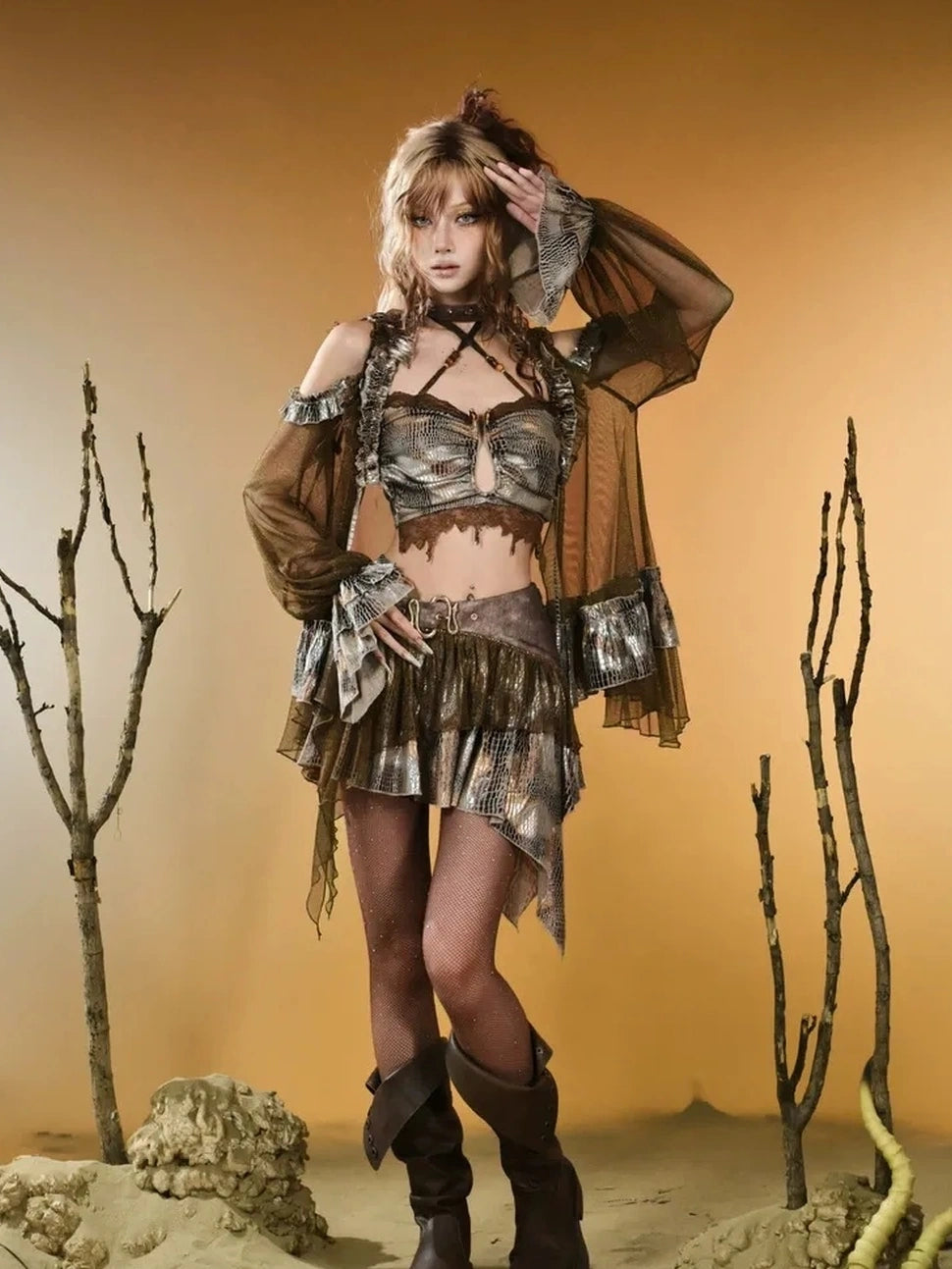 Virtual Orbit Vintage Snake Print Sheer Mesh Top