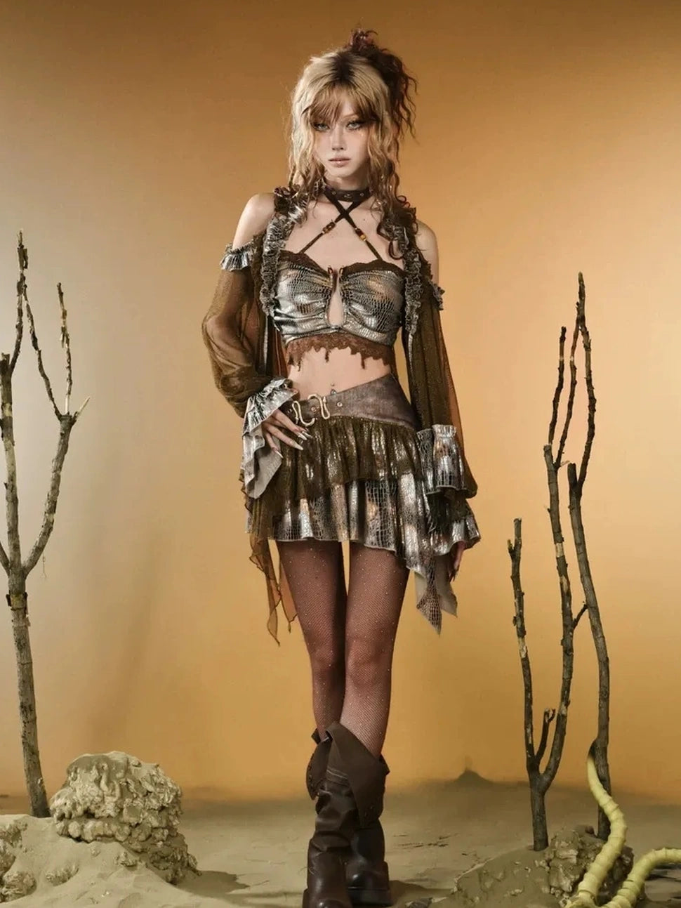 Virtual Orbit Vintage Snake Print Sheer Mesh Top