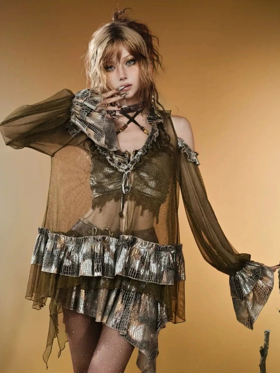 Virtual Orbit Vintage Snake Print Sheer Mesh Top