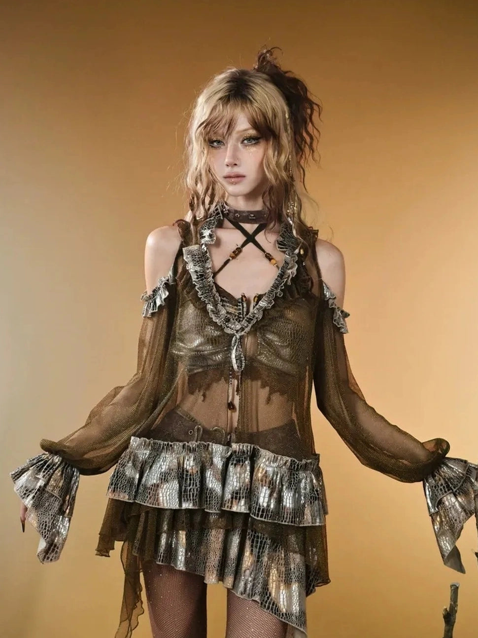 Virtual Orbit Vintage Snake Print Sheer Mesh Top