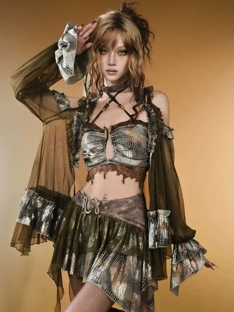 Virtual Orbit Vintage Snake Print Sheer Mesh Top