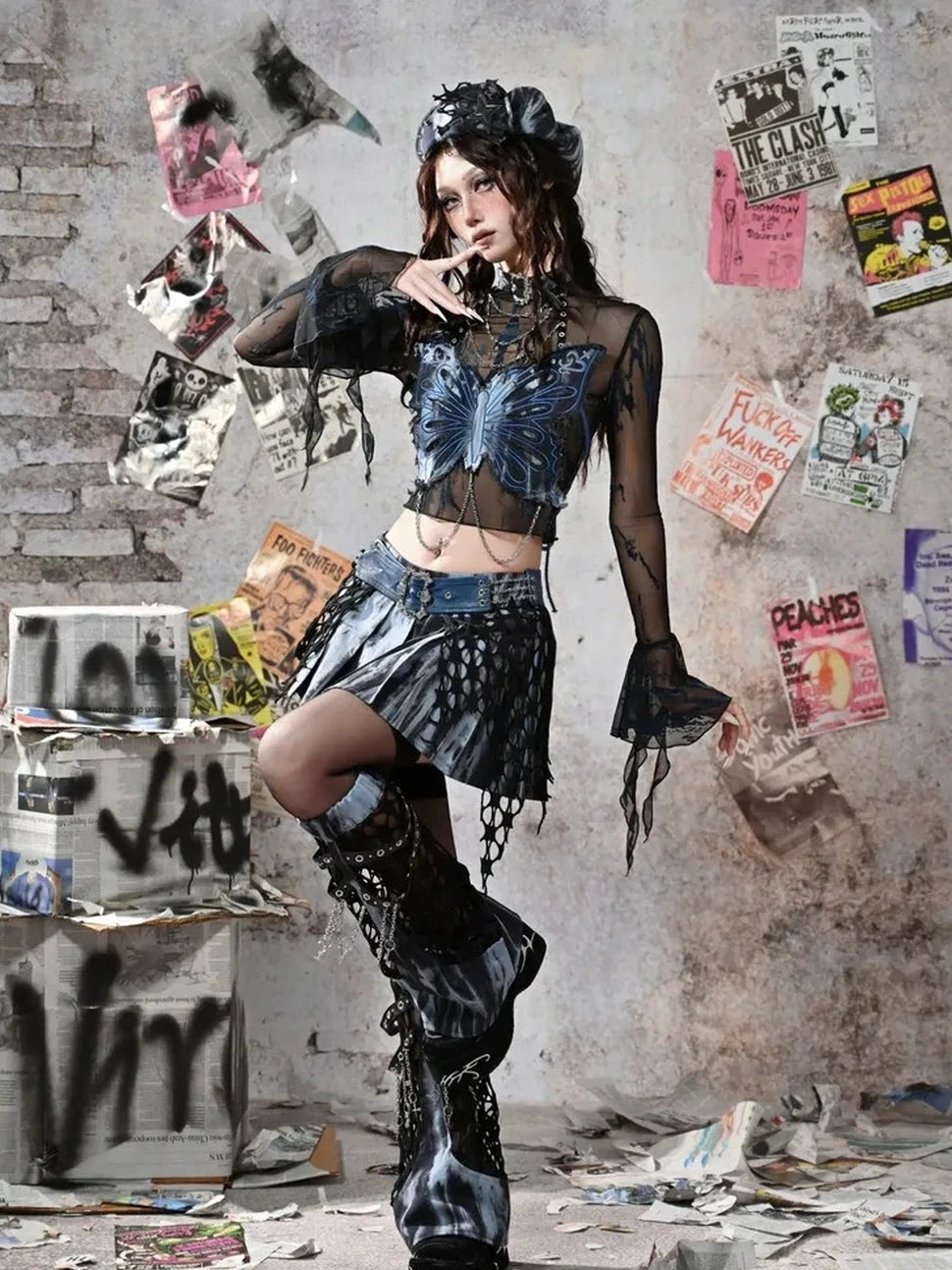 Virtual Orbit Y2K Grunge Fairy Punk Star Studded Beret