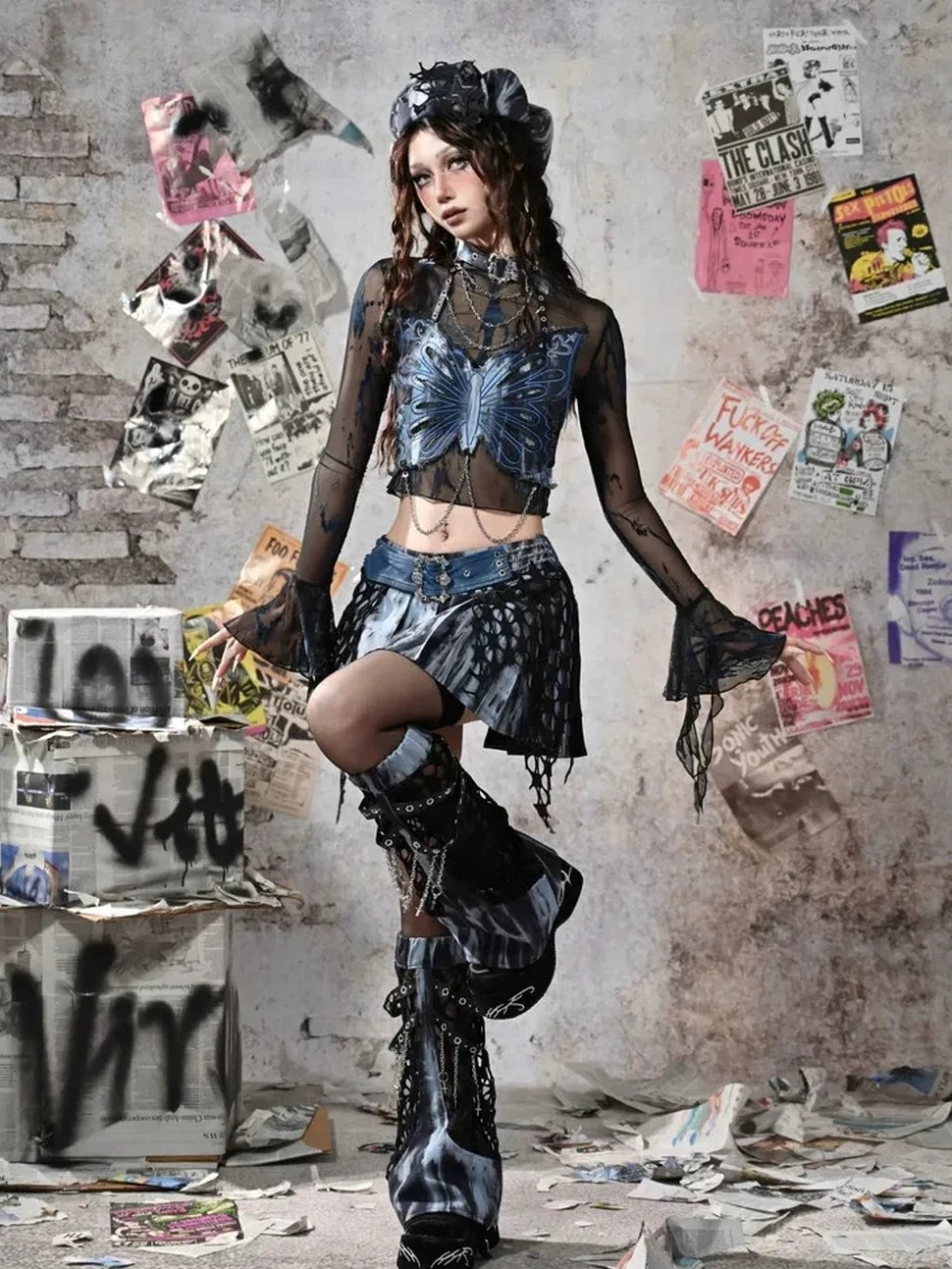 Virtual Orbit Y2K Grunge Fairy Punk Star Studded Beret