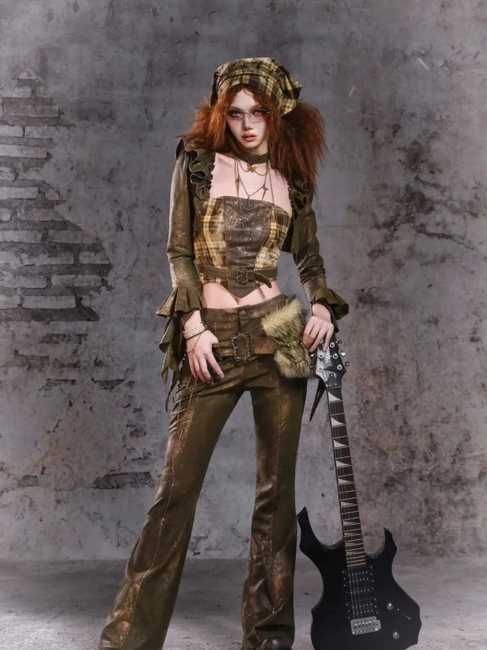 Virtual Orbit Y2K Punk Flared Pants With Retro Waist Bag