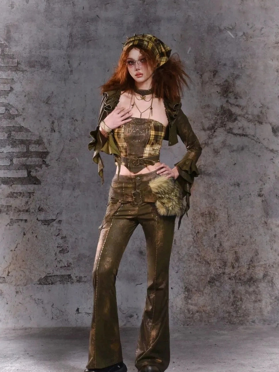 Virtual Orbit Y2K Punk Flared Pants With Retro Waist Bag