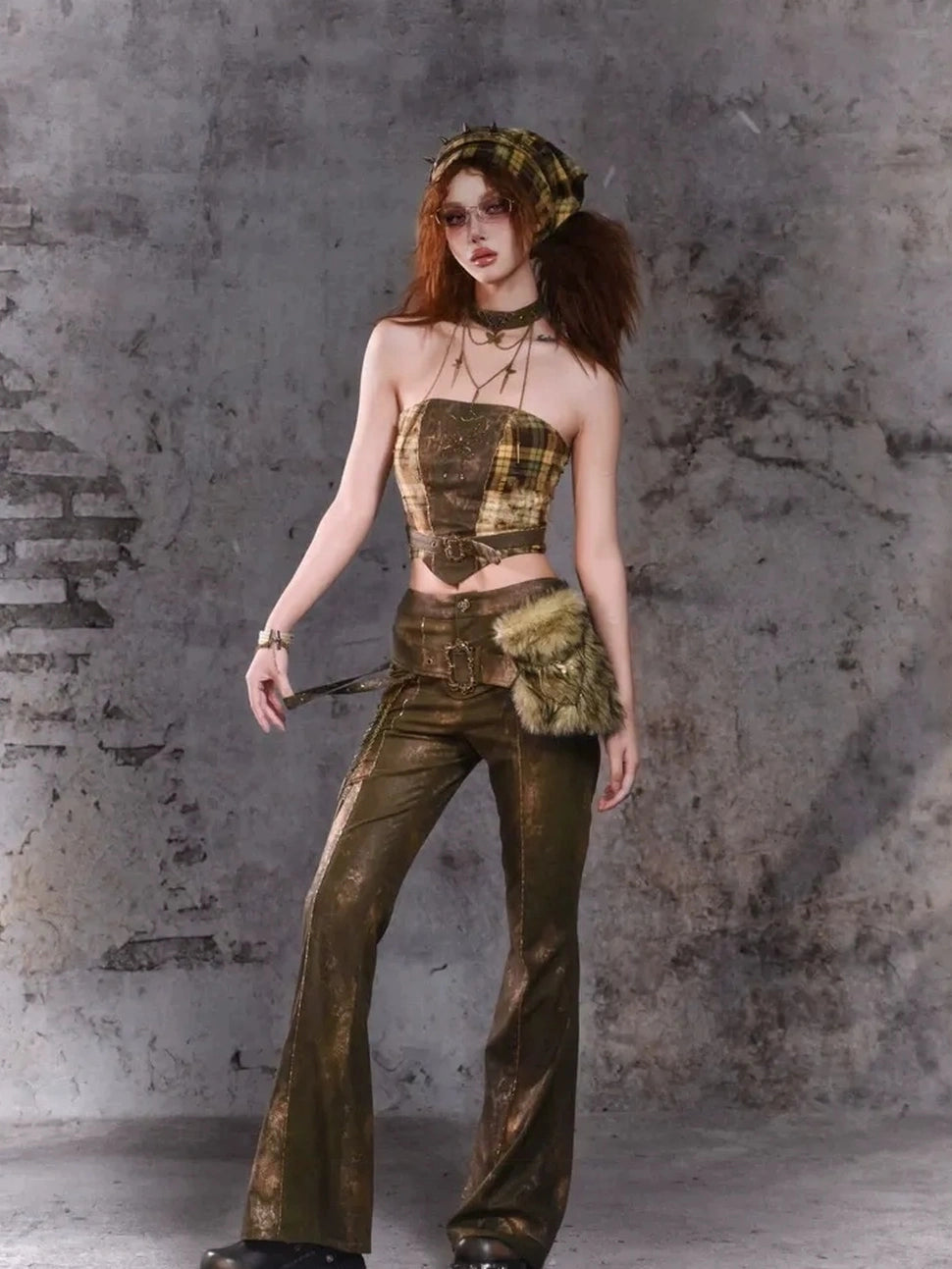 Virtual Orbit Y2K Punk Flared Pants With Retro Waist Bag