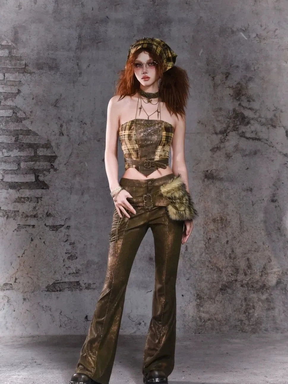 Virtual Orbit Y2K Punk Flared Pants With Retro Waist Bag
