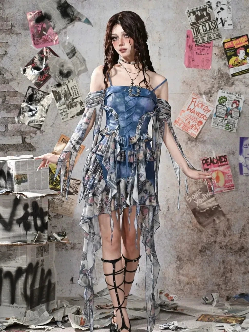 Virtual Orbit Y2k Grunge Fairy Butterfly Print Mesh Corset Top