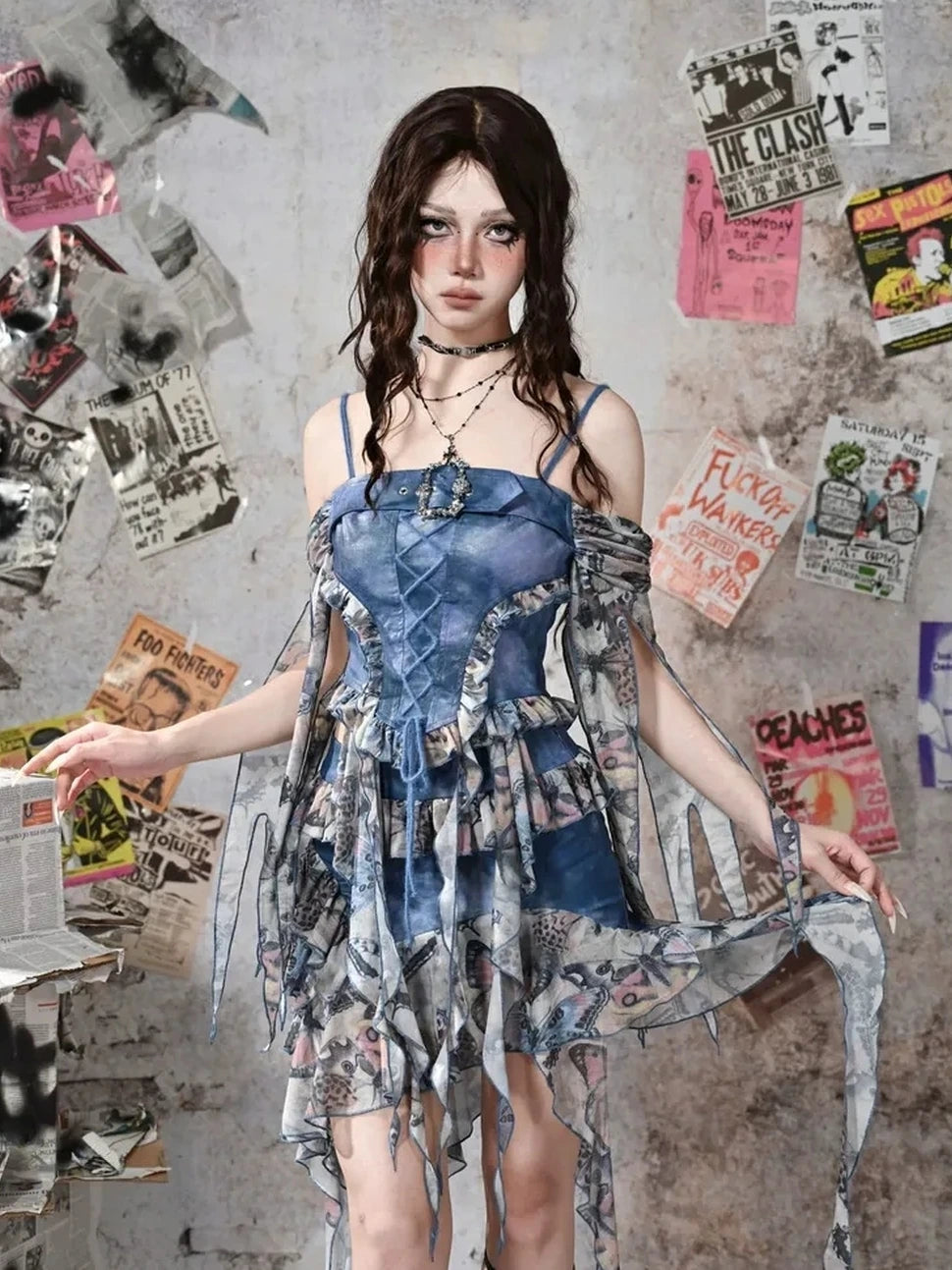 Virtual Orbit Y2k Grunge Fairy Butterfly Print Mesh Corset Top