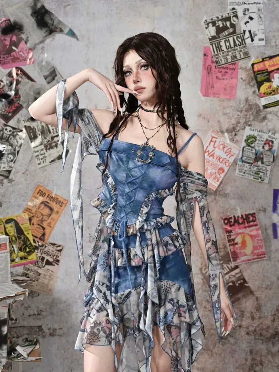 Virtual Orbit Y2k Grunge Fairy Butterfly Print Mesh Corset Top