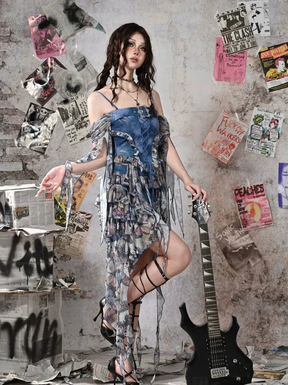 Virtual Orbit Y2k Grunge Fairy Butterfly Print Mesh Corset Top