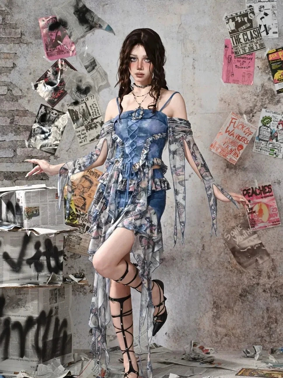 Virtual Orbit Y2k Grunge Fairy Butterfly Print Mesh Corset Top