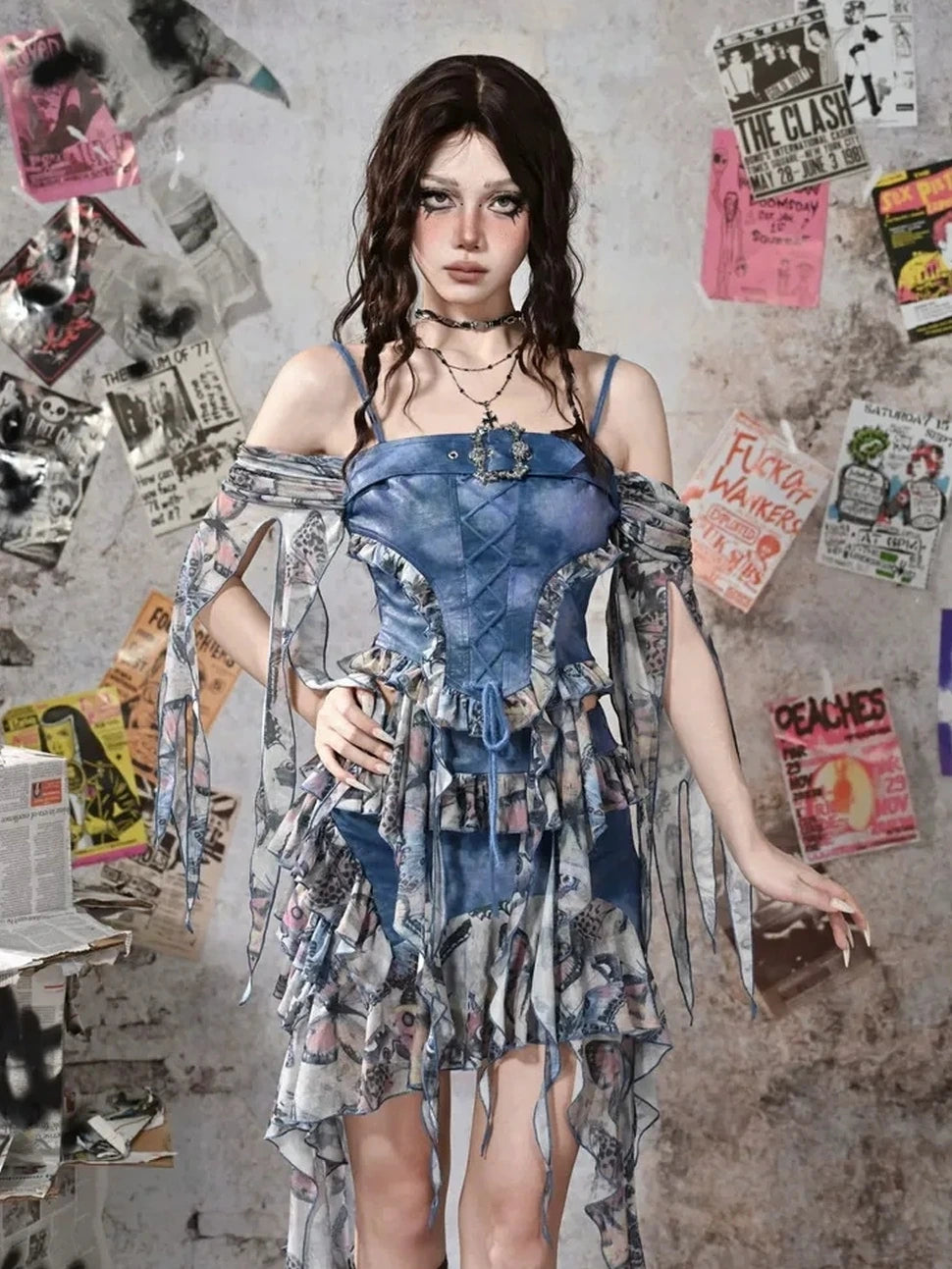 Virtual Orbit Y2k Grunge Fairy Butterfly Print Mesh Corset Top