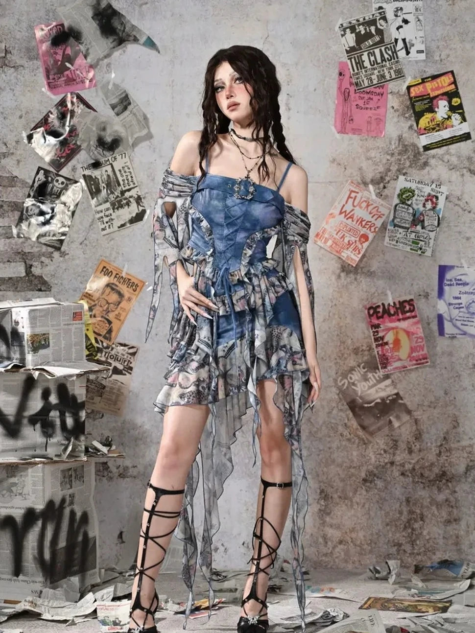 Virtual Orbit Y2k Grunge Fairy Butterfly Print Mesh Corset Top